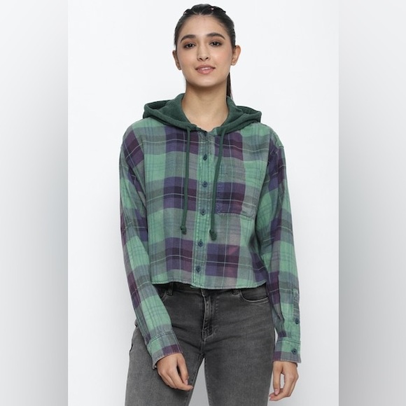 American Eagle Cropped Flannel Shirt Hoodie, Green + Navy Blue, Size Large - Picture 4 of 10
